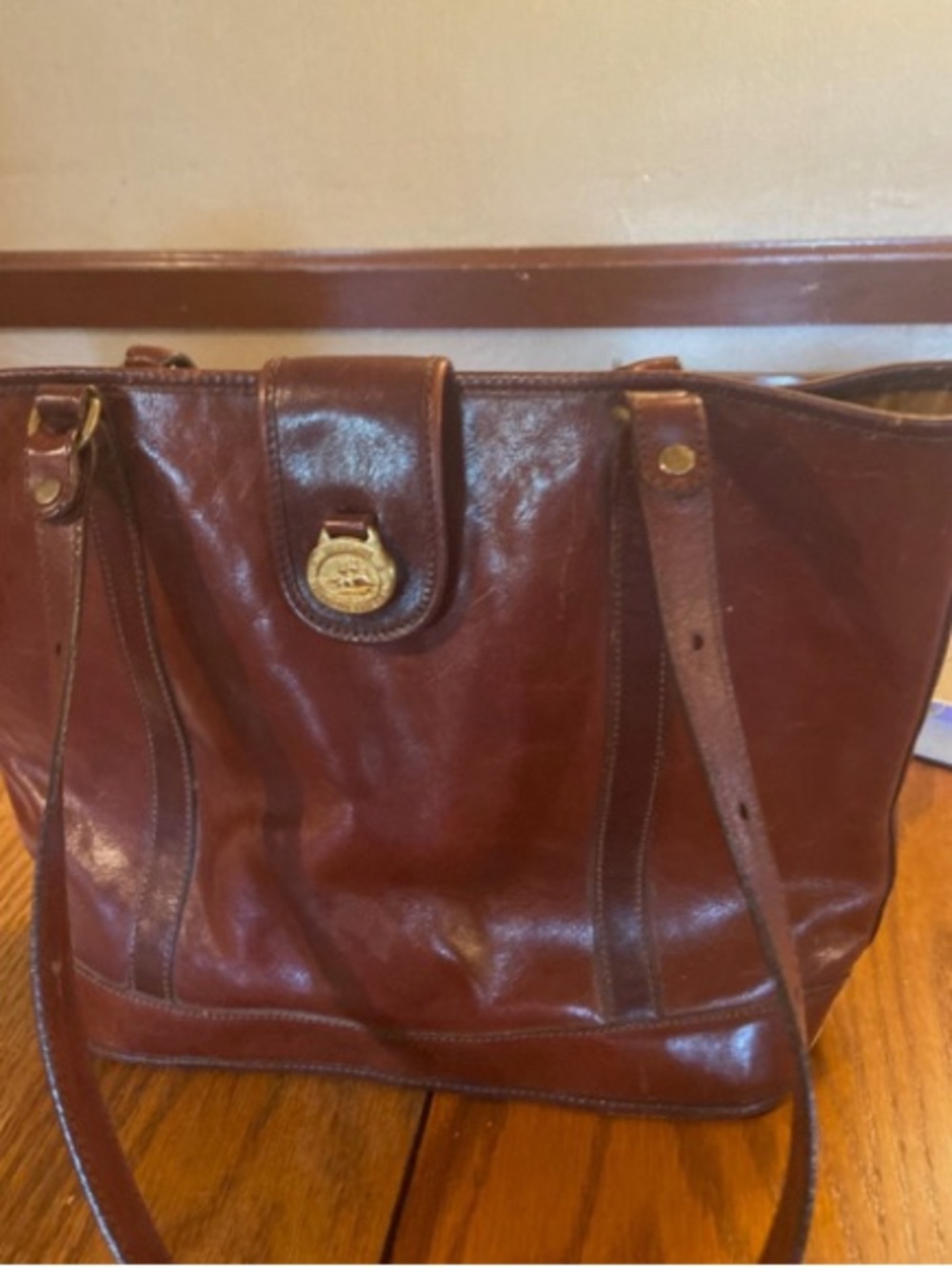 Brahmin Chestnut Brown Leather Tote with Gold Medallion Vintage